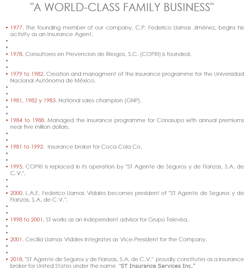 "A WORLD-CLASS FAMILY BUSINESS" 1977. The founding member of our company, C.P. Federico Llamas Jiménez, begins his activity as an Insurance Agent. 1978. Consultores en Prevencion de Riesgos, S.C. (COPRI) is founded. 1979 to 1982. Creation and managment of the insurance programme for the Universidad Nacional Autónoma de México. 1981, 1982 y 1983. National sales champion (GNP). 1984 to 1988. Managed the insurance programme for Conasupo with annual premiums near five million dollars. 1981 to 1992. Insurance broker for Coca-Cola Co. 1995. COPRI is replaced in its operation by "ST Agente de Seguros y de Fianzas, S.A. de C.V.". 2000. L.A.E. Federico Llamas Vidales becomes president of "ST Agente de Seguros y de Fianzas, S.A. de C.V.". 1998 to 2001. ST works as an independent advisor for Grupo Televisa. 2001. Cecilia Llamas Vidales integrates as Vice-President for the Company. 2018. "ST Agente de Seguros y de Fianzas, S.A. de C.V." proudly constitutes as a insurance broker for United States under the name "ST Insurance Services Inc." 